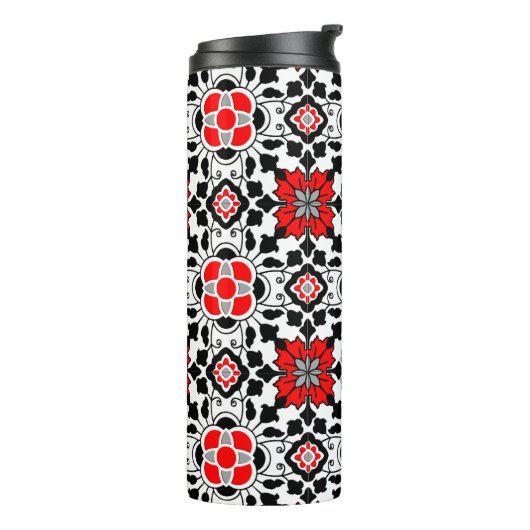 Floral Moroccan Tile, Deep Red, Black and White Thermosbeker (Gedraaid links)
