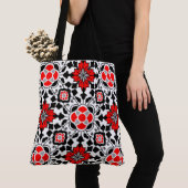 Floral Moroccan Tile, Deep Red, Black and White Tote Bag (Dichtbij)