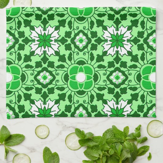 Floral Moroccan Tile, Emerald en Lime Green Theedoek (Gevouwen)