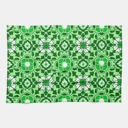 Floral Moroccan Tile, Emerald en Lime Green Theedoek (Horizontaal)