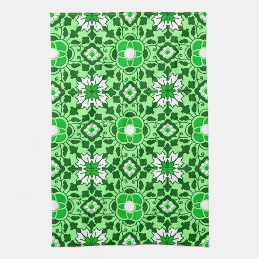 Floral Moroccan Tile, Emerald en Lime Green Theedoek (Verticaal)