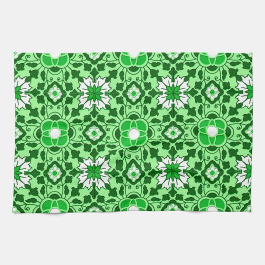 Floral Moroccan Tile, Emerald en Lime Green Theedoek (Horizontaal)