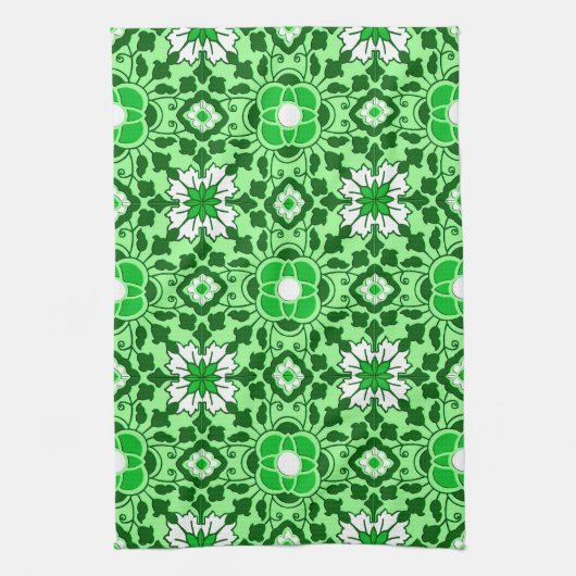 Floral Moroccan Tile, Emerald en Lime Green Theedoek (Verticaal)