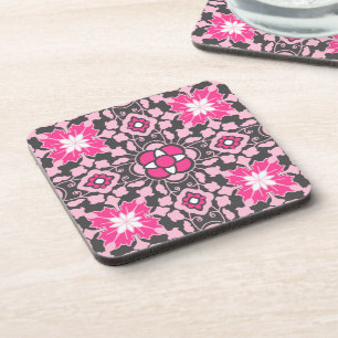 Floral Moroccan Tile, Fuchsia Pink & Grey / Grey Bier Onderzetter