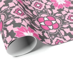 Floral Moroccan Tile, Fuchsia Pink & Grey / Grey Cadeaupapier