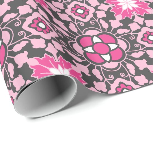 Floral Moroccan Tile, Fuchsia Pink & Grey / Grey Cadeaupapier (Rol Hoek)