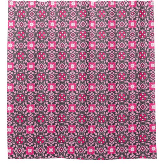 Floral Moroccan Tile, Fuchsia Pink & Grey / Grey Douchegordijn (Voorkant)