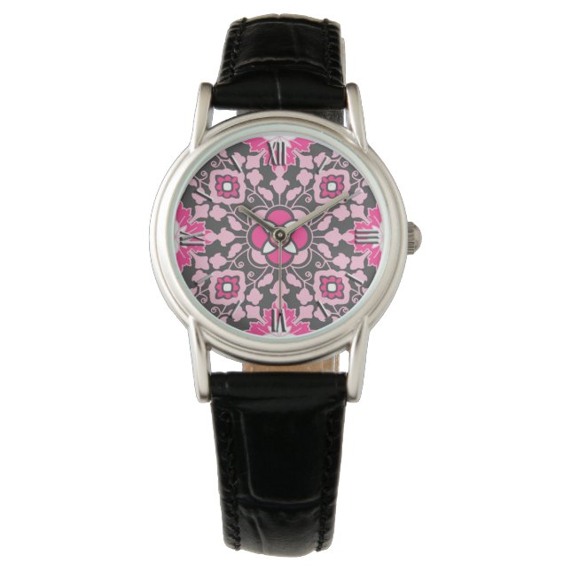 Floral Moroccan Tile, Fuchsia Pink & Grey / Grey Horloge (Voorkant)