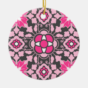 Floral Moroccan Tile, Fuchsia Pink & Grey / Grey Keramisch Ornament