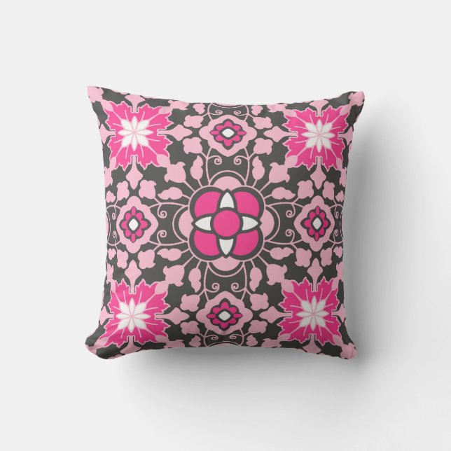 Floral Moroccan Tile, Fuchsia Pink & Grey / Grey Kussen (Voorkant)