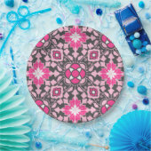 Floral Moroccan Tile, Fuchsia Pink & Grey / Grey Papieren Bordje (Feest)