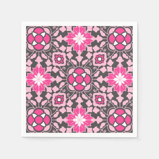 Floral Moroccan Tile, Fuchsia Pink & Grey / Grey Servetten (Voorkant)
