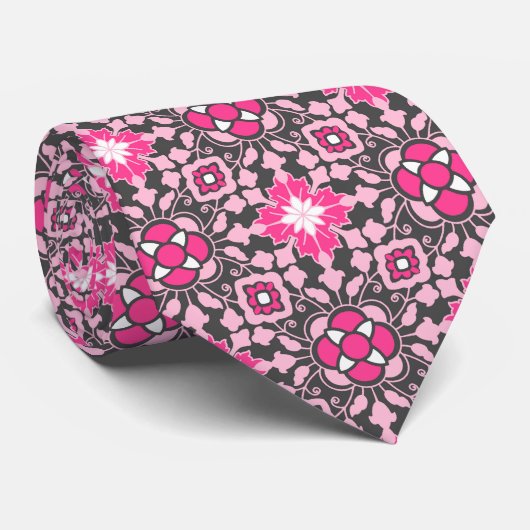 Floral Moroccan Tile, Fuchsia Pink & Grey / Grey Stropdas (Opgerold)