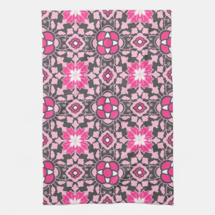 Floral Moroccan Tile, Fuchsia Pink & Grey / Grey Theedoek
