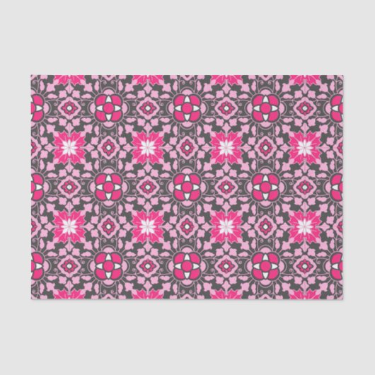 Floral Moroccan Tile, Fuchsia Pink & Grey / Grey Tissuepapier (Voorkant)