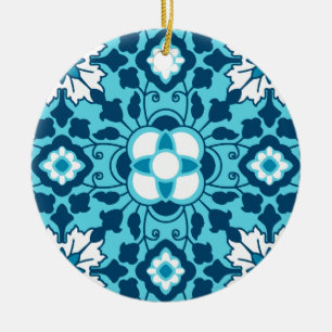 Floral Moroccan Tile, Indigo, Sky Blue en White C Keramisch Ornament