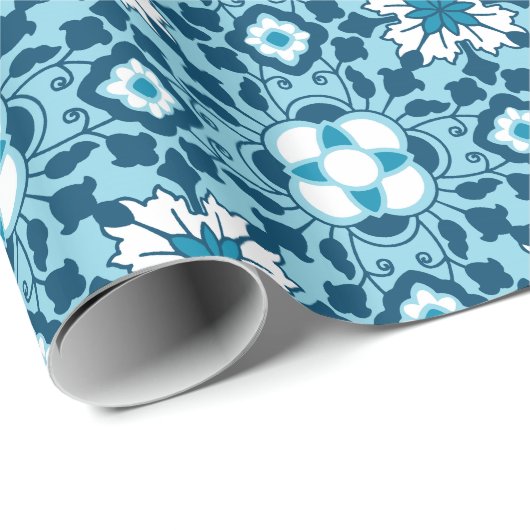 Floral Moroccan Tile, Indigo, Sky Blue en White Cadeaupapier (Rol Hoek)