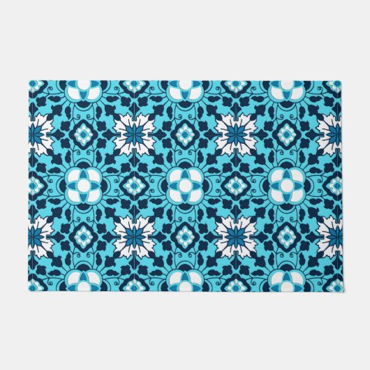 Floral Moroccan Tile, Indigo, Sky Blue en White Deurmat (Voorkant)