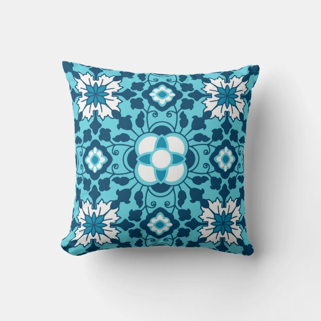 Floral Moroccan Tile, Indigo, Sky Blue en White Kussen (Voorkant)
