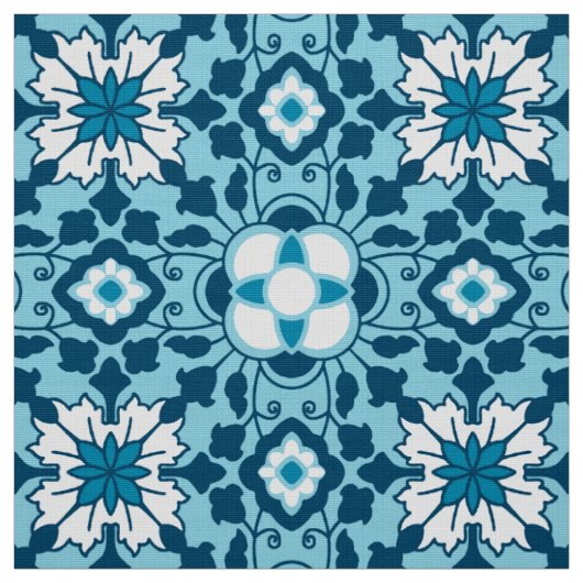 Floral Moroccan Tile, Indigo, Sky Blue en White Stof (Swatch)