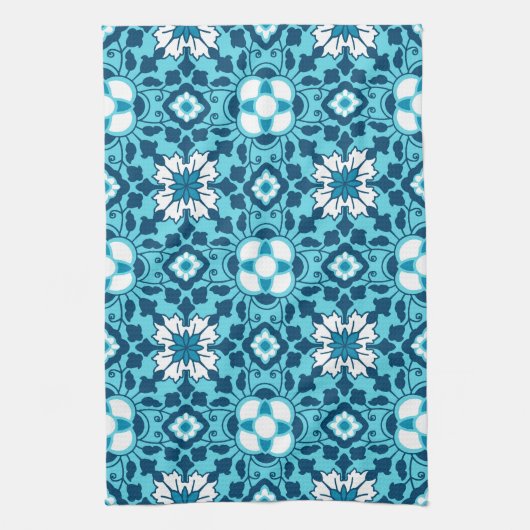 Floral Moroccan Tile, Indigo, Sky Blue en White Theedoek (Verticaal)