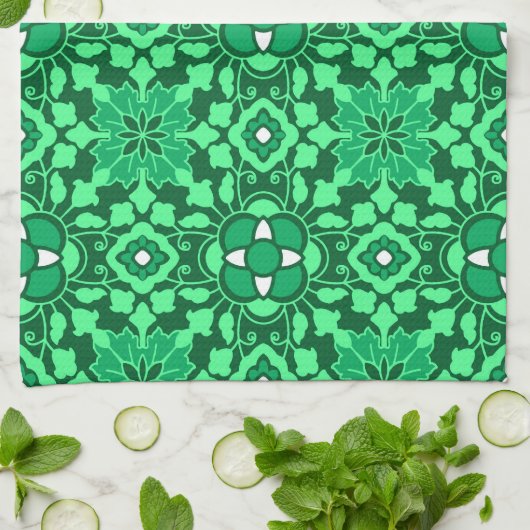 Floral Moroccan Tile, Light and Dark Jade Green Theedoek (Gevouwen)