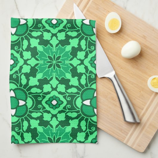 Floral Moroccan Tile, Light and Dark Jade Green Theedoek (Quarter Fold)