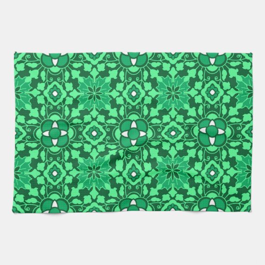 Floral Moroccan Tile, Light and Dark Jade Green Theedoek (Horizontaal)