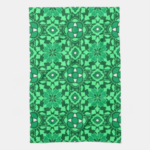 Floral Moroccan Tile, Light and Dark Jade Green Theedoek