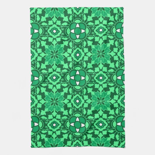 Floral Moroccan Tile, Light and Dark Jade Green Theedoek (Verticaal)