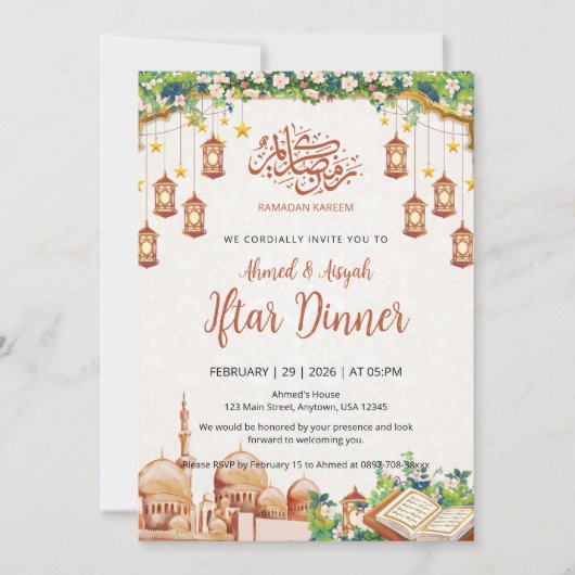 Floral Mosque & Lanterns Ramadan Iftar Dinner Kaart (Voorkant)