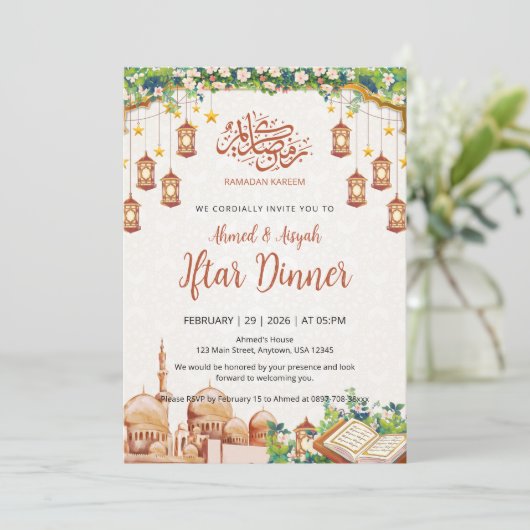 Floral Mosque & Lanterns Ramadan Iftar Dinner Kaart (Staand voorkant)