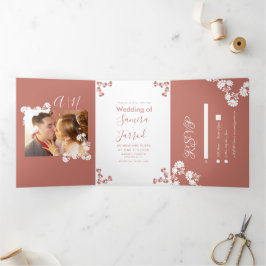 Floral Motif Botanical Salmon Wedding Kraft Drieluik Kaart