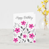 Floral Motif Hot Pink Grey Five Petal Waterverf Kaart (Gele Bloem)