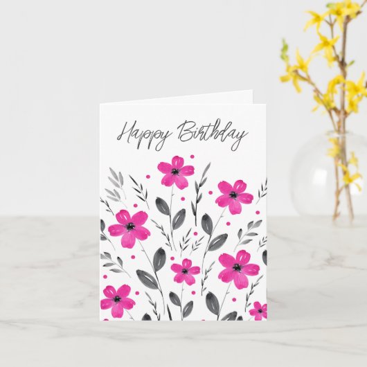 Floral Motif Hot Pink Grey Five Petal Waterverf Kaart (Gele Bloem)