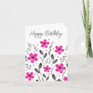Floral Motif Hot Pink Grey Five Petal Waterverf Kaart