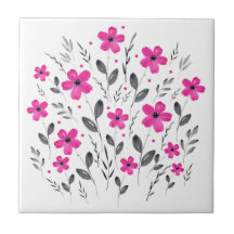 Floral Motif Hot Pink Grey Five Petal Waterverf