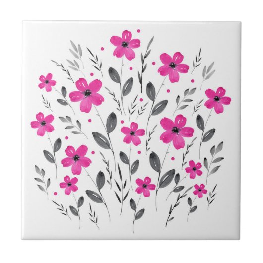 Floral Motif Hot Pink Grey Five Petal Waterverf Tegeltje (Voorkant)