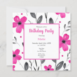Floral Motif Hot Pink Grey Waterverf Kaart