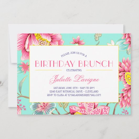 Floral Motif in Pink en Aqua Birthday Kaart (Voorkant)