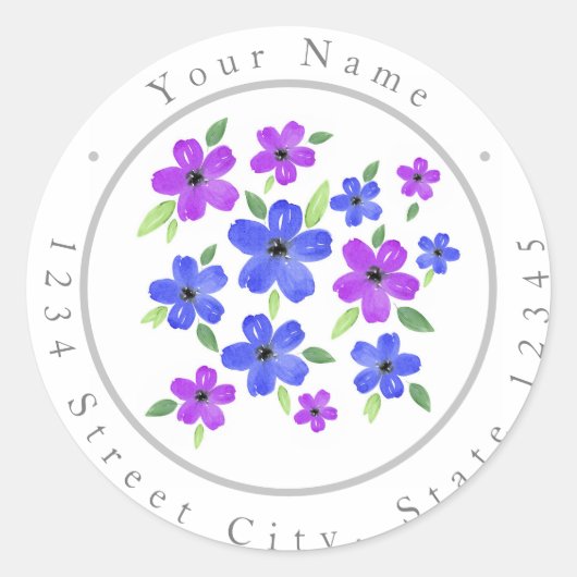 Floral Motif-labels voor Paarse en blauwe Waterver Ronde Sticker (Voorkant)