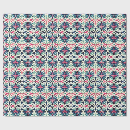Floral Motif Pattern in Blauwgroen, Navy en Roze Cadeaupapier (Vlak)