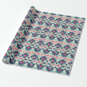 Floral Motif Pattern in Blauwgroen, Navy en Roze Cadeaupapier (Uitgerold)