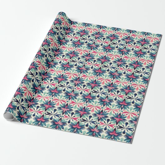 Floral Motif Pattern in Blauwgroen, Navy en Roze Cadeaupapier (Uitgerold)