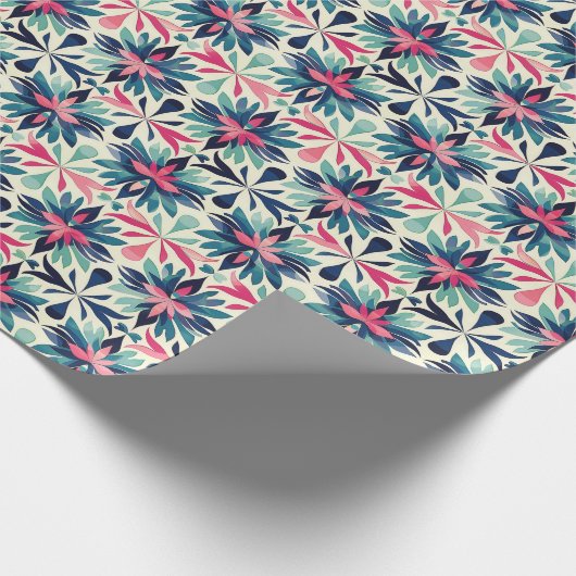 Floral Motif Pattern in Blauwgroen, Navy en Roze Cadeaupapier (Hoek)