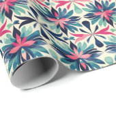 Floral Motif Pattern in Blauwgroen, Navy en Roze Cadeaupapier (Rol Hoek)
