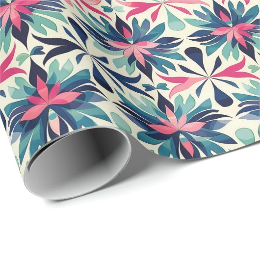 Floral Motif Pattern in Blauwgroen, Navy en Roze Cadeaupapier (Rol Hoek)