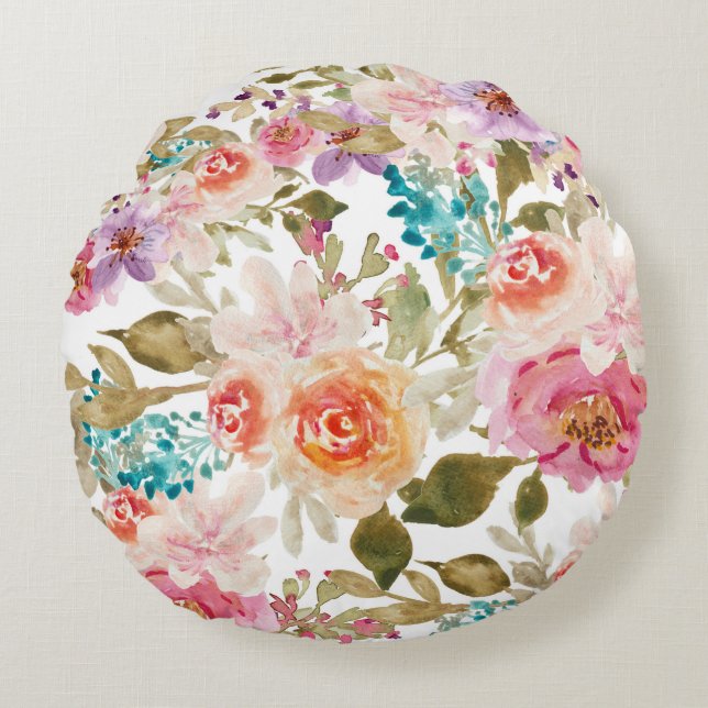 Floral Motifs in Waterverf Rond Kussen (Voorkant)
