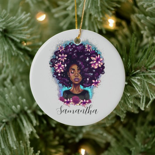 Floral mouszing Afro Woman Keramisch Ornament (Boom)
