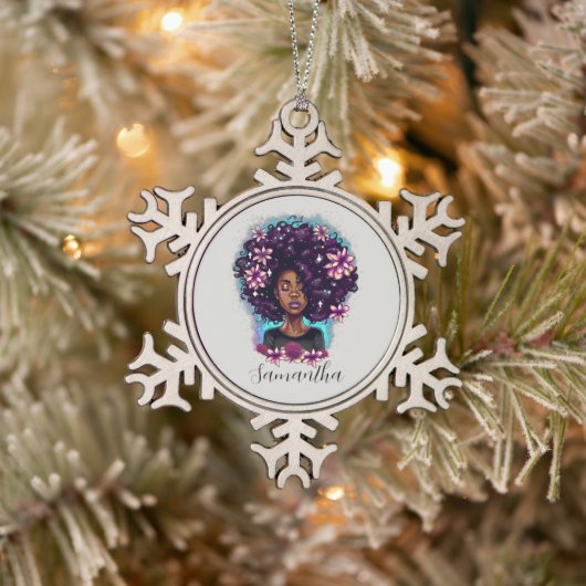 Floral mouszing Afro Woman Tin Sneeuwvlok Ornament (Boom)